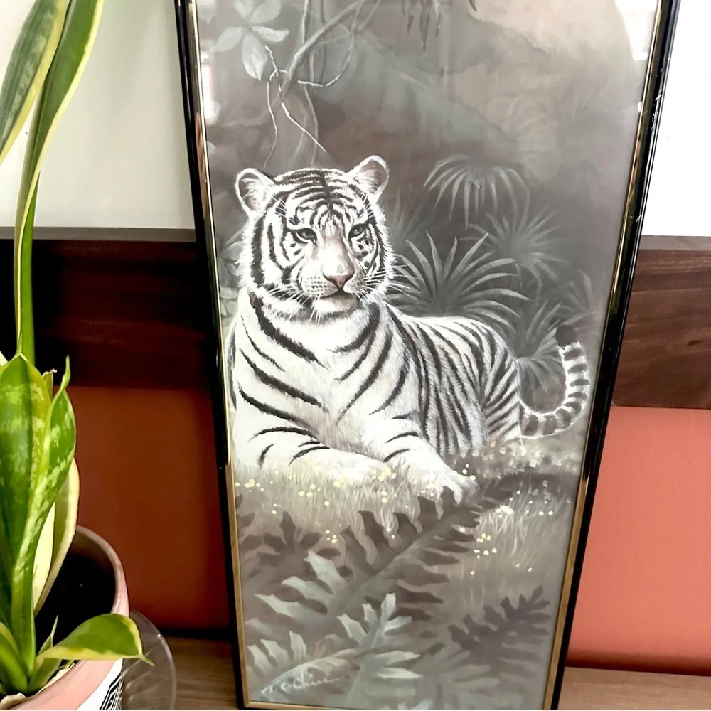 White Tiger in a Forest Art Framed Wall Art Vintage Asian Style 8x20” Home Decor